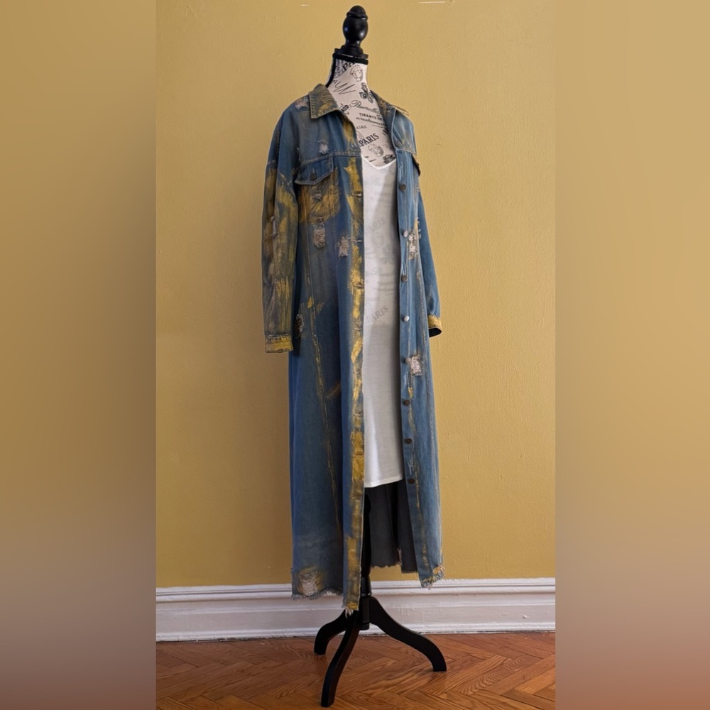 Distressed Hand-Painted Denim Maxi Duster Jacket w. Gold Finish - Picture 13 of 16